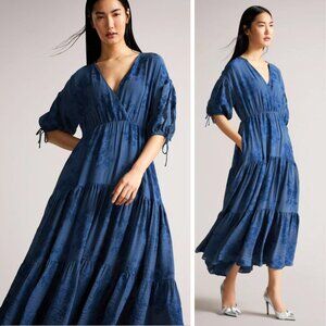 NEW Ted Baker London Zilda Midi Dress Blue Floral Puff Sleeve Bohemian Preppy